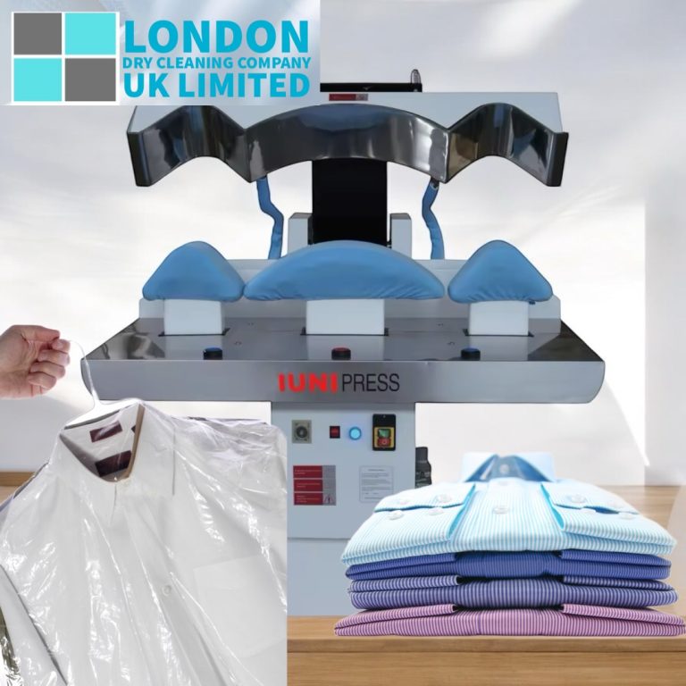 A dry cleaning machine is displayed in the background with neatly pressed shirts stacked on the right. To the left, a hand holds a newly dry-cleaned shirt in plastic, ready for Christmas festivities. The logo of London Dry Cleaning Company UK Limited is visible in the top left corner.