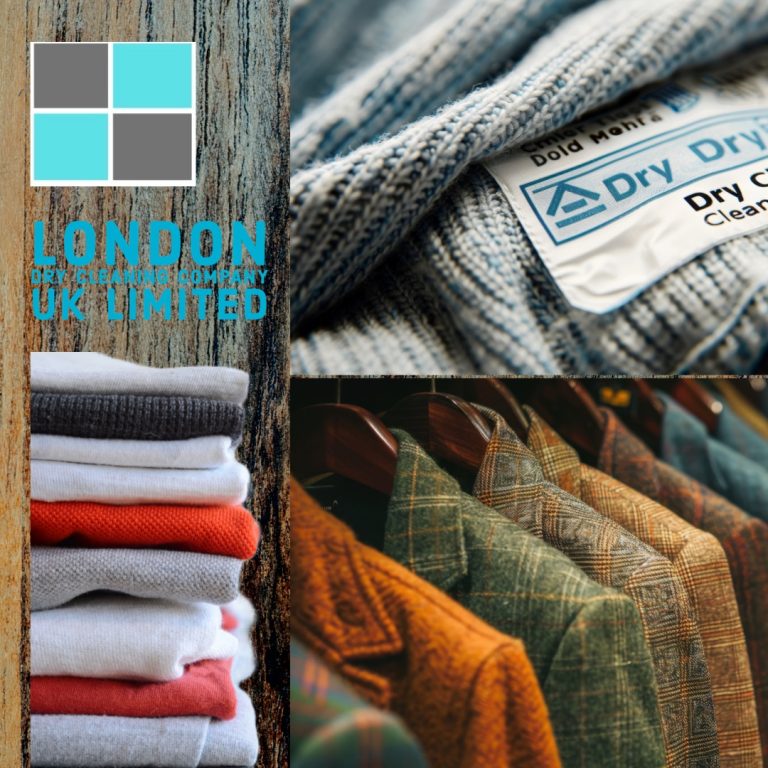 A festive collage showcases the London Dry Cleaning Company UK Limited logo, a care label advising dry cleaning, alongside a stack of clothes in neutral tones, and a row of plaid jackets on wooden hangers—perfect for cozy Christmas gatherings.