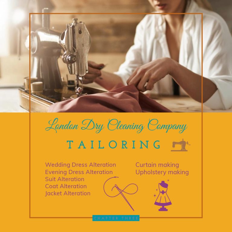 A tailor working at a sewing machine. Text overlay reads, London Dry Cleaning Company - Tailoring: Wedding Dress Alteration, Evening Dress Alteration, Suit Alteration, Curtain Making, Upholstery Making. Perfect fit for every occasion—be it a wedding or Christmas party.