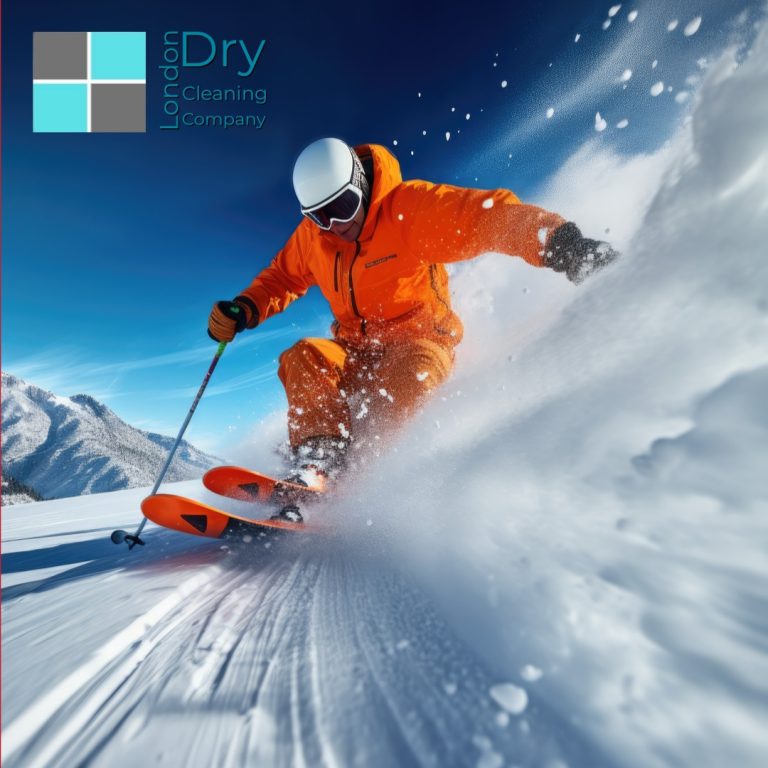 A skier in bright orange gear navigates a snowy slope, creating a spray of snow under a clear blue sky. In the top left corner, theres a logo for London Dry Cleaning Company.