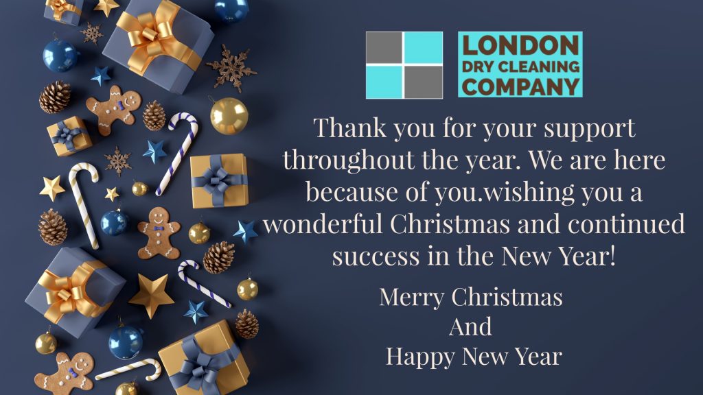 A festive Christmas greeting card from London Dry Cleaning Company featuring wrapped gifts, gingerbread cookies, candy canes, and ornaments. The text expresses gratitude and wishes for a wonderful Christmas and a successful New Year.