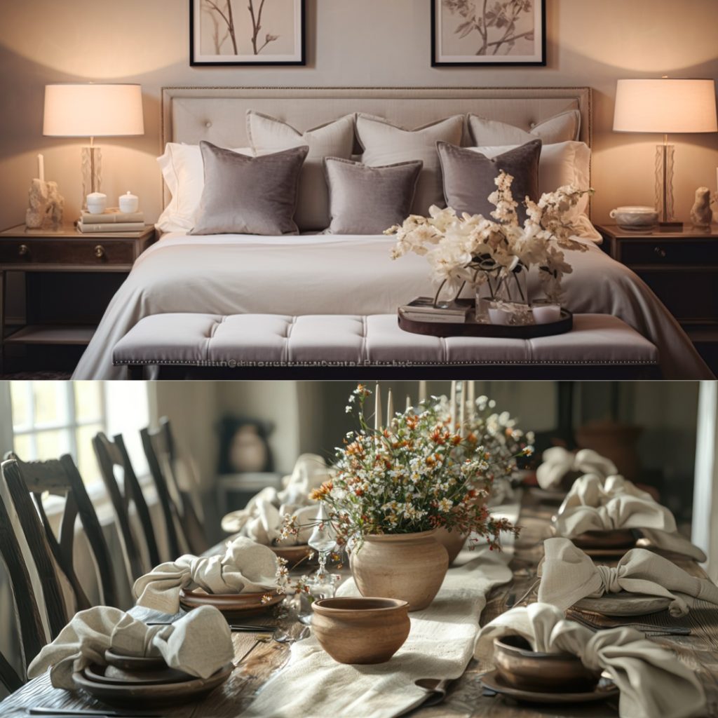 A cozy bedroom showcases a neatly made bed with crisp linens, complemented by bedside lamps, while the dining room features a rustic wooden table set with plates, bowls, and a floral centerpiece. For pristine presentation, consider expert linen dry cleaning.