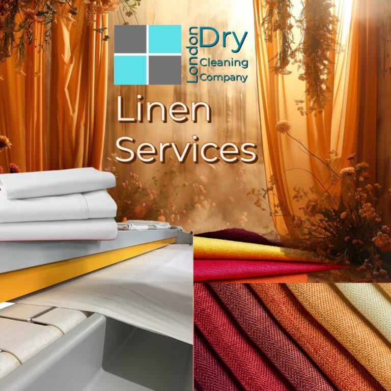 Image promoting London Dry Cleaning Company. Features white folded linens, vibrant spools of fabric, and draped orange linens surrounded by flowers. Text reads Linen Services.